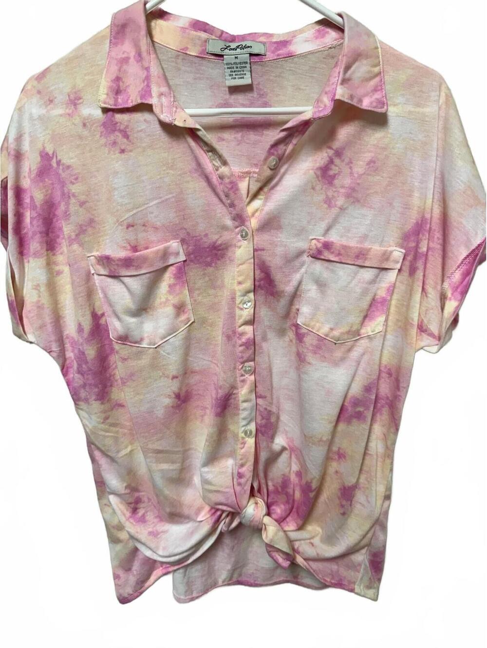 Love Potion Pink Tie-Dye Tie-Front Button Blouse Size M